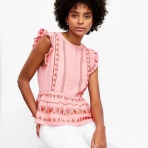 LOFT Floral Embroidered Henley Peplum Shell Top Strawberry Slush Sz small cotton